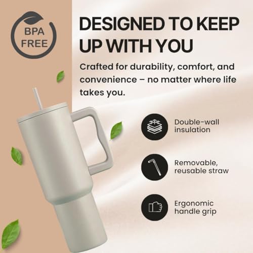 Image of Zephorus Personalised with Your Name,1200ml with Straw-Handle - Stainless Steel Double Wall Insulated Cup| Leakproof Sipper Mug for Hot - Cold Drinks|Coffee-Water (40 - Oz - Cream)