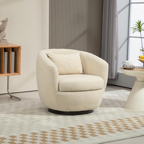 360° Swivel Barrel Armchair with Storage Modern Swivel Accent Chair Boucle Leather Round Storage Sofa Club Upholstered Barrel Arm Chair with Back Pillow for Liveing Room (Beige)