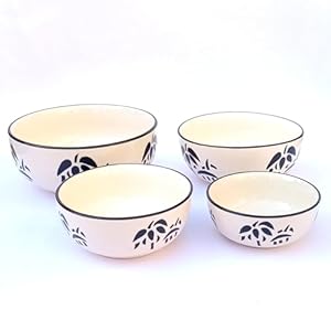 ARDVAN INDIA Studio Pottery Ceramic Dinner Serving Casserole Stackable Donga Bowl Set (Set of 4, White-Black); Volume - 1200 ml, 650 ml, 450 ml, 300 ml
