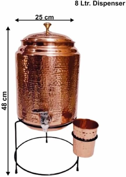 Copper Dispenser White Printed 8 Litre Copper Water Dispenser (Matka) & Glass 300 Ml With Stand. Container Pot with 100% Pure Copper and Ayurvedic Health Benefits (8000 ml)