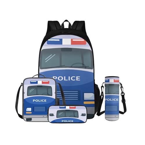 Police Car Kids Backpack Boys 12-14 Lightweight Backpack and Lunch Box Set Boys Large CapacityTeen Bookbag 4pcs with Watter Bottle Holder for Elementary Middle School Travel Bookbag