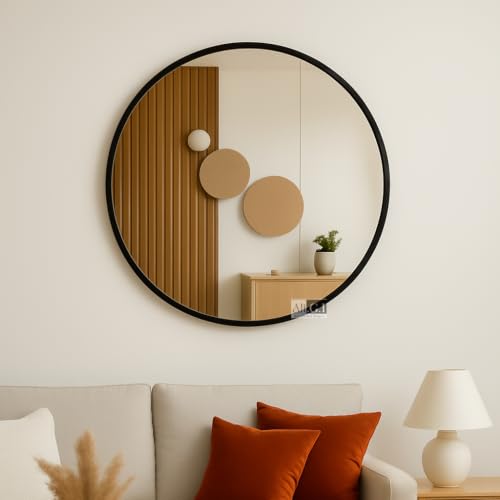 Image of Round Wall Mirror in Gold I Metal Frame Mirror I Modern Design Metal Frame Mirror in Medium Size I Bathroom Wash Basin, Bedroom, Drawing Room (Black 24 inch)