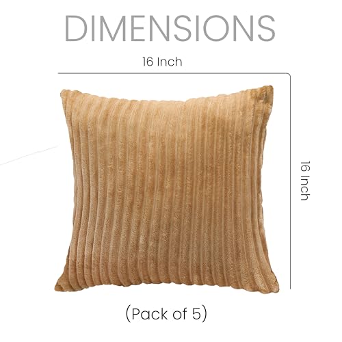 Image of Yellow Weaves Pencil-Stripe Fur Cushion Covers | Soft Polyester | Decorative Sofa & Throw Pillow Covers | 16x16 Inches, Pack of 5 (Coffee & Golden Brown)