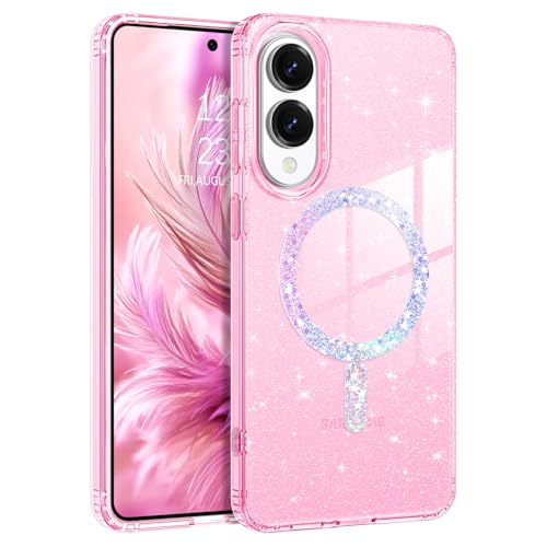 BENTOBEN Magnetic for Samsung Galaxy S25 Edge Case, Clear Crystal Glitter Samsung S25 Edge Phone Case [Compatible with MagSafe], Shockproof Sparkly Cute Women Girl Cover 6.7'', Clear Pink