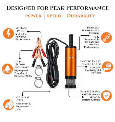 Image of ROBOWAY DC 12V Electric Submersible Water Pump with Metal Body, Portable Diesel Fuel Transfer Pump, Battery Operated Pump with ON /Off Switch for Water, Diesel & Kerosene, (Pack of 1)