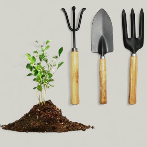 Image of 3-Piece Gardening Tools Kit for Home (Wooden Handle Cultivator,Fork, Small Trowel) Stainless Steel Garden Set, Farming Tool for Indoor Outdoor Agriculture Use (GTK)