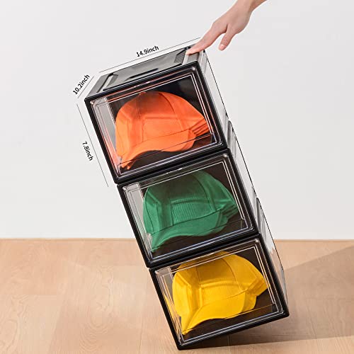 Hat Organizer For Baseball Caps, 3Packs Stackable Hat Storage Box, Clear Hat Display Case, Hat Holder Organizer, Plastic Hat Storage Organizer With Magnetic Door, Easy Assembly Cap Rack, Black #TOP4