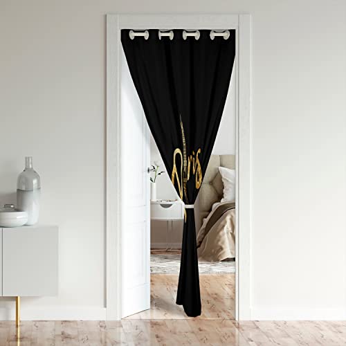Loussiesd Eiffel Tower Door Curtain for Doorway Privacy Paris 30%-50% Room Darkening Blackout Insulated Thermal Curtain Trip Design Gold Black Window Treatments 86x203cm - Image 2