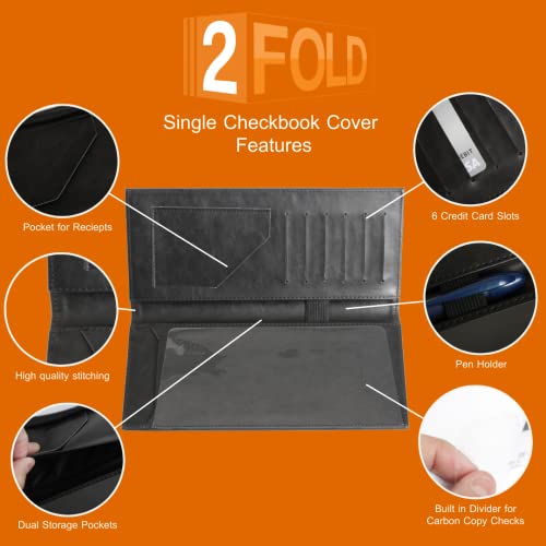 2Fold Business Size and Travelers Check Large Checkbook Cover for Side and Top Tear Checks - Synthetic Leather Feel Check Book Cover with Built in Duplicate Check Sleeve and Pockets - Black - Thumbnail 3