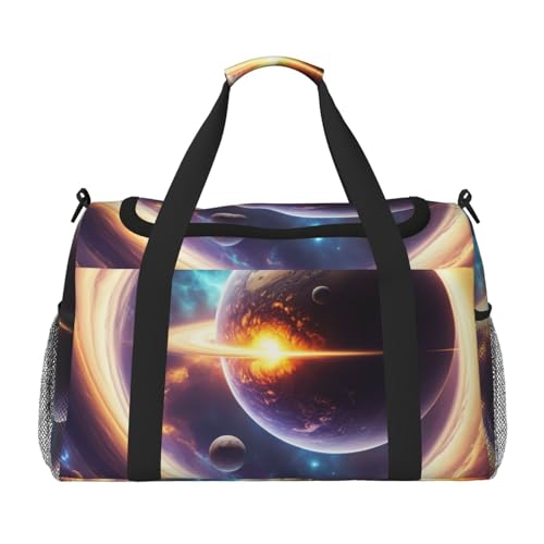 Space Planet Print Travel Duffle Bag - Foldable Personal Item Travel Bag for Women & Men,Carry-On Convertible Crossbody Tote Bags with Adjustable Shoulder Strap & Pockets 13x10.2x19.7 in