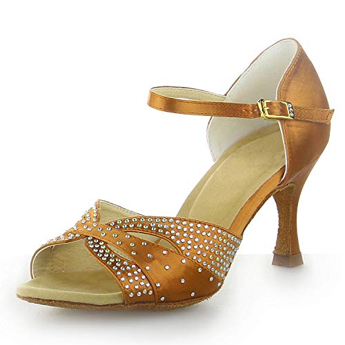 JIAJIA 2059Z Women's Satin Sandals Flared Heel Latin Salsa Performance Dance Shoes Color Tan,Size 9 B(M) US/40 EU