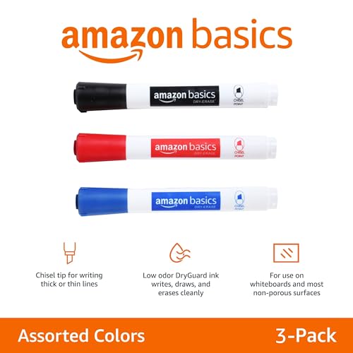 Image of Amazon Basics Dry Erase Markers For Whiteboards, Chisel Tip, Low-Odor, Black, Red, Blue, Pack of 3