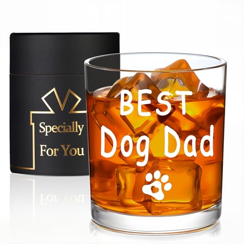 Jmugmt Best Dog Dad Whisky Glasses, Birthday Fathers Day Christmas Gifts for Dog Dad from Daughter Son Kids 10 OZ Old Fashioned Glass with Gift Box