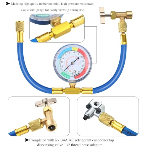 R134a Refrigerator Refrigerant Recharge Kit with R134a Charging Hose with Gauge Piercing Tap Valve Refrigerant Can Tap for Air Conditioner Supplies, 7 Pieces - Thumbnail 4