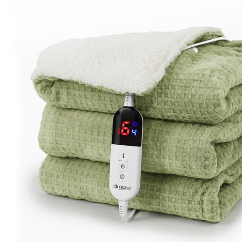 blunique Heated Blanket Electric Throw Waffle, 50x60 Inches Sherpa Fleece Fast Heating Blanket 6 Heating Levels & 4 Hours Auto Off ETL Certification, Sage Green Throw