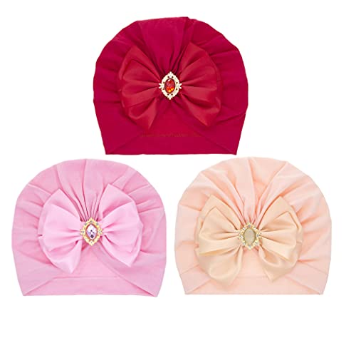 Freesiom Lot de 3 Turban Bonnet Bébé Fille Bandeau Cheveux Enfant Naissance Chapeaux Fleur Noeud Diamant Papillon Elastique Serre Tête Accessoires Nouveau Né Baptême Noël 0-4 ans Rose Rouge Cover