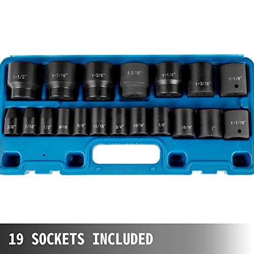 Vevor Impact Socket Set 1/2 Inches 19 Piece Impact Sockets, Standard Socket Assortment, 1/2 Inches Drive Socket Set Impact Standard Sae (3/8 Inches To 1-1/2 Inches) 6-Point Hex Sockets #TOP4