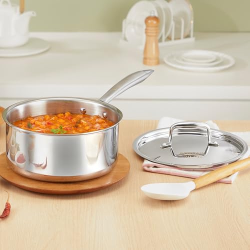 Image of Borosil Cookfresh Triply Stainless Steel Straight Shape Sauce Pan with Lid | SS304 Food Grade Steel, Dishwasher Safe | Compatible for Gas, Induction, Hot Plate, Halogen | 5 Years Warranty (20 cm)