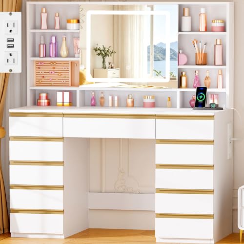 ANWBROAD Large Vanity Desk with Sliding Mirror and Lights& Jewelry Storage