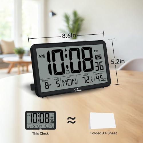 Image of WallarGe Digital Wall Clock, Autoset Desk Clocks with Temperature, Humidity and Date, Battery Operated Digital Wall Clock Large Display, 8 Time Zone, Auto DST. (Black)