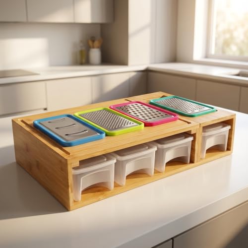 Tabla de cortar de bambú con 4 recipientes, tabla grande con ranuras para jugo, asas de fácil agarre y abertura para deslizar alimentos miniatura 7