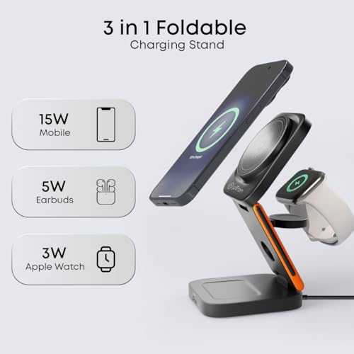 Image of pTron Volta Pro 3-in-1 23W Wireless Charger, Magnetic Charging, Foldable Stand Compatible with iPhone 16 /15 /14 /13 /12 Series, Apple Watch, Airpods & Other Magnetic Charging Supported Smartphones(Black)