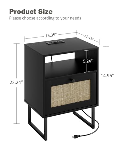 Image of Rattan Nightstand with Charging Station, Boho Night Stand Farmhouse Wood Bedside Table with Storage and Open Shelf, End Side Accent Table for Bedroom,Living Room,Black