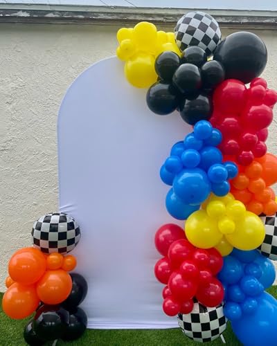 Image of 160Pcs Race Car Balloon Garland Arch Kit - Car Wheels Checkered Balloons 18 12 10 5 Inch Different Size Balloons for Racing Car Two Fast 2nd Monster Theme Birthday Party Decorations Supplies