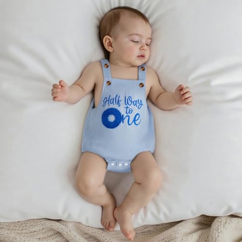 KMBANGI Baby Boy Girl Half Way to One Outfit Sleeveless Embroidered Birthday Overalls Romper Corduroy Onesie Cake Smash Gift2