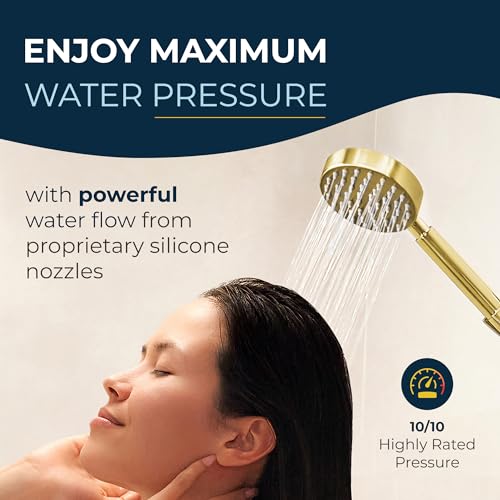HammerHead Showers® Solid Metal LOW FLOW Handheld Shower Head with Hose and Brass Holder - POLISHED BRASS – Water Saving 1.75 GPM Detachable Shower Head - Adjustable Shower Wand Bracket & 6ft Hose