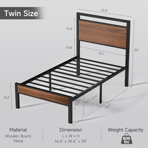 Image of Z-hom Twin Metal Bed Frame with Wooden Headboard and Footboard, Heavy Duty Platform Frame with Mrtal Slats, No Box Spring Needed, Quiet and Non-Slip Design, Saving Space for Small Bedroom,Walnut