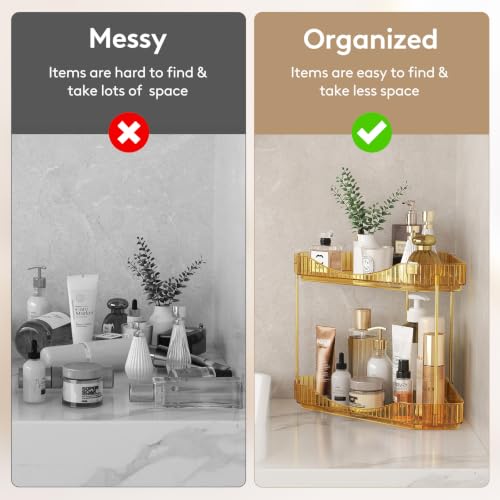 Image of Lifewit 2-Tier Corner Bathroom Counter Organizer, Plastic Makeup Skincare Organizers Storage Countertop, Large Sink Cosmetic Perfume Shelf for Bedroom, Dresser, Kitchen, Vanity, Gold, 25 cm /10inch(H)