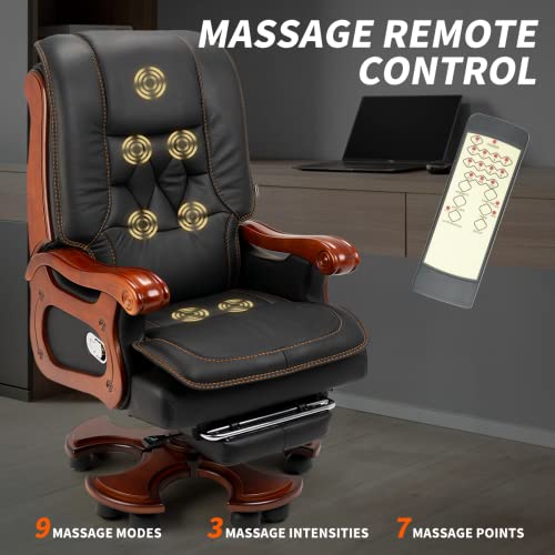 Kinnls Evan Massage Office Chair 2.0 With Footrest Ergonomic Fully Reclining Office Chair Comfortable Genuine Leather Executive Office Chair Adjustable Tilt Back Angle And Arm (Cowhide Leather-Black) #TOP3