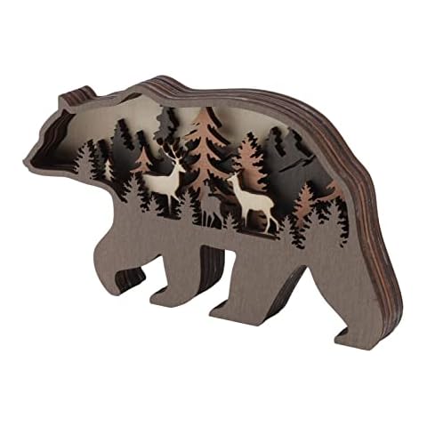 Animal Wooden Statue, Home Décor Accents Wood Crafts with String Light for Women Mom Gifts Decorations Applicable Office Living Room(Bear + Lamp) Cover