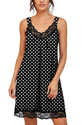 Prinstory Women's Loose Full Slips Lace Nightgown Chemise Sleepwear Cotton Jersey Lingerie Us X-Large Print Flower Black Dots #TOP1
