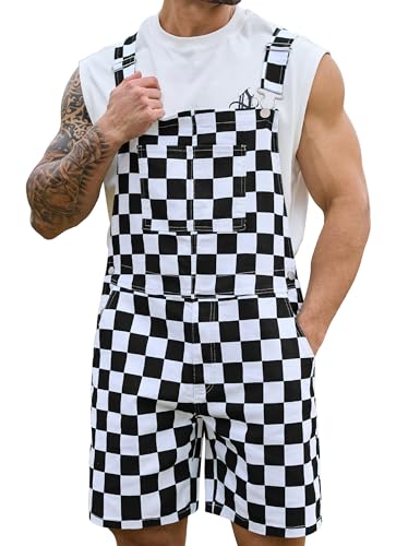 YXLUOKY Shorts Overalls for Men Checkered Rompers Work Jumpsuits Stretchy Bibs Coveralls(Black and White Checkered M)