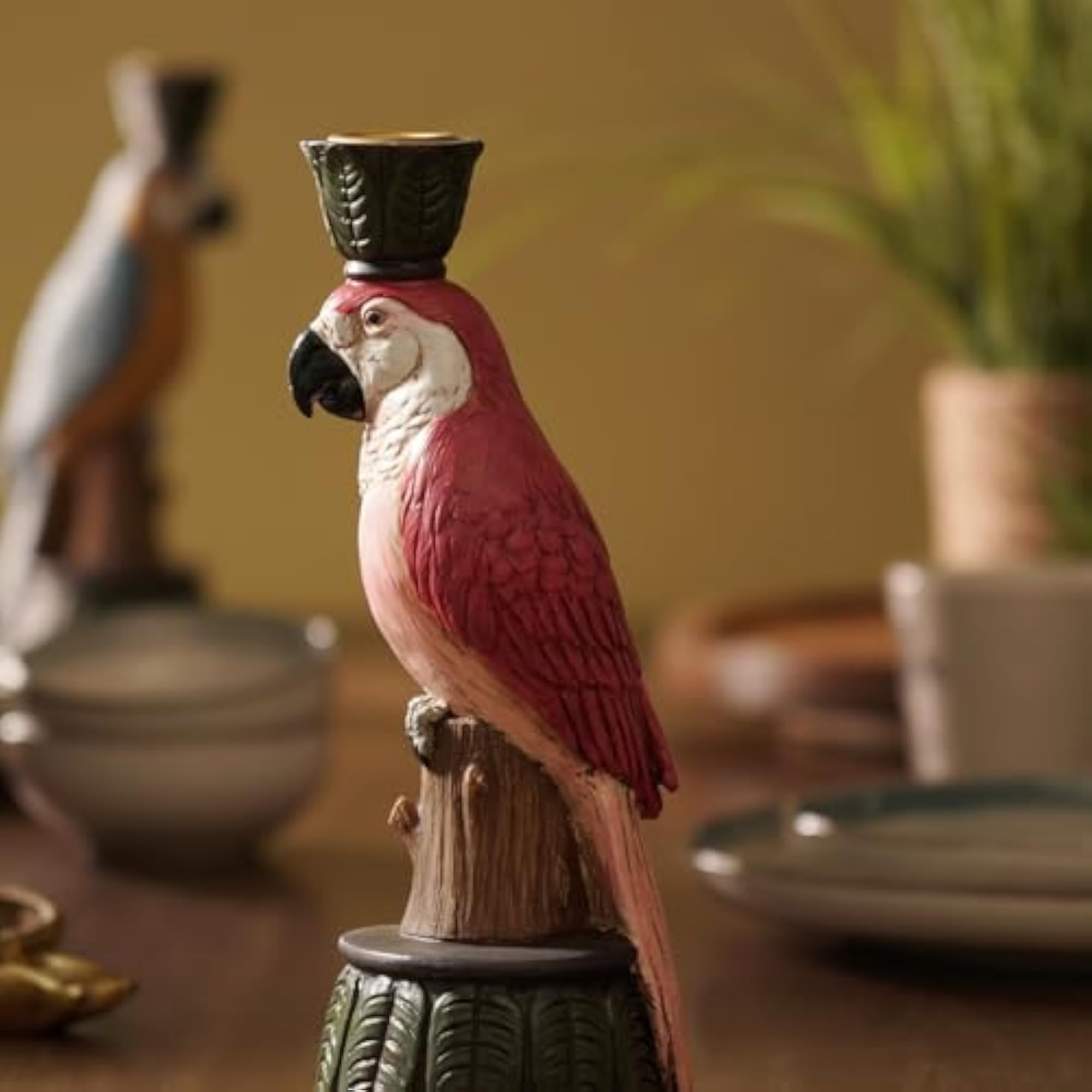 Red Pink Polyresin Macaw Candleholder, Premium Festive Decor