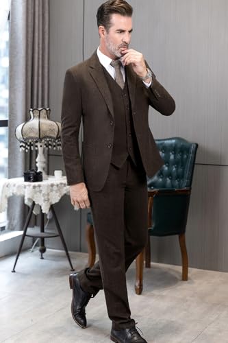 Mens 3 Piece Wool Tweed Herringbone Wedding Suit Prom Tuxedos Peak Lapel Dress4
