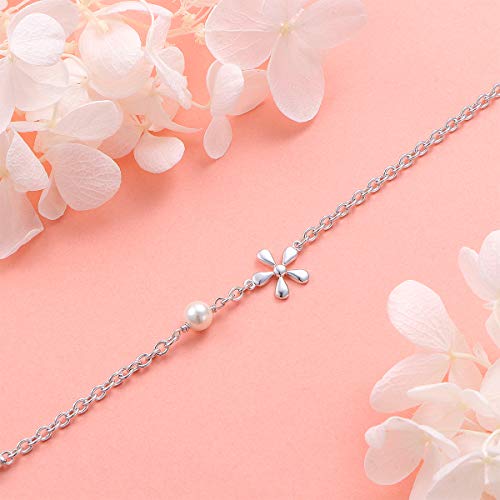 S925 Sterling Silver Jewelry Flower Charm with Freshwater Cultured Pearl Adjustable Chain Link Bracelet For Teen Girls, Little Girls, Children3
