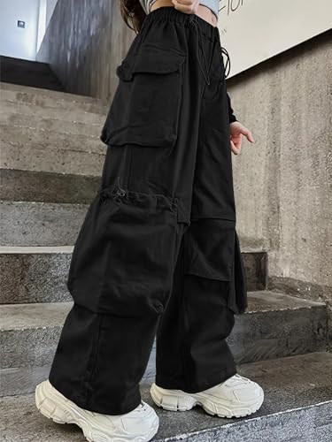 Image of Girls Vintage Multiple Pockets Cargo Pants Wide-Leg Casual Straight Streetwear, 6-14 Years Black 11-12Y