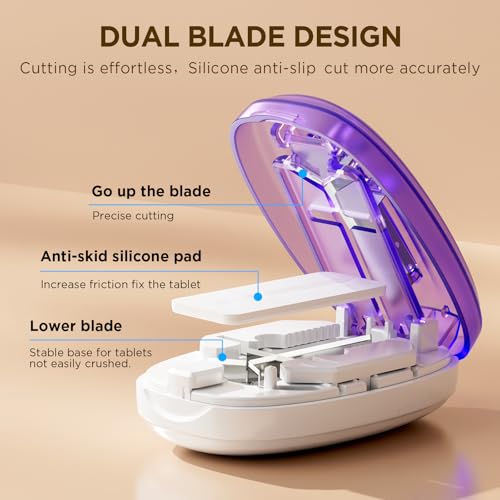 Image of Pill Cutter Splitter for Small and Tiny Pills, 1 /2 1 /4 Pill Splitter for Small Pills,Tablets in Half or Quarters, Accurate and Easy Cutting, Stainless Steel Blade, Back Storage (Purple)