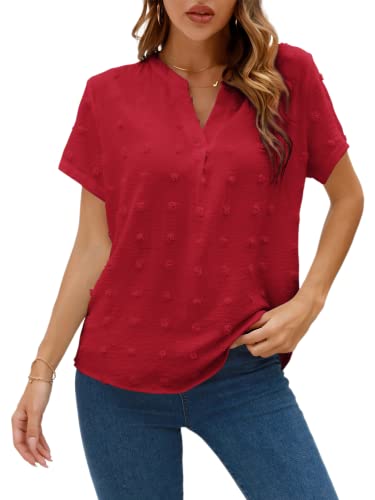 Kaqonal Womens Summer V Neck Short Sleeve T-Shirts Casual Fashion Swiss Dot Blouses Tops Red, Large #TOP1