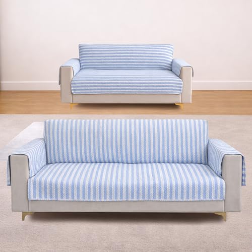 Image of Homerz Premium 5(3+2) Seater Quilted Reversible Sofa Cover Mat with Pocket Arms | Polyester Blend 350 GSM Full Coverage & Back Belt for Stability (Azurea, 5(3+2) Seater)