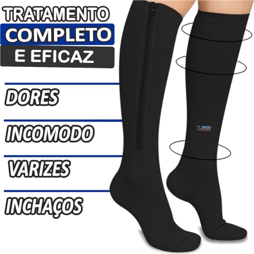 Meia de Compressão Cano Longo ¾ Com Ziper para Tratamento de Varizes Trombose Má Circulação Sanguíne