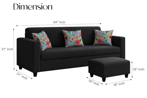 Image of Rosebell 3 Seater Sofa with Ottoman | Living Room Couch | with Printed Cushions | Sofa for Home, Apartment & Office-Black Color