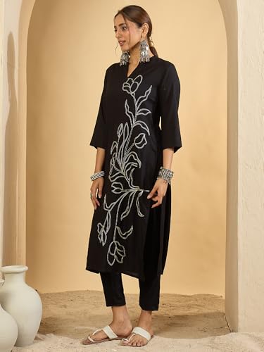 Image of INDO ERA Women Viscose Rayon Straight Fit Straight Floral Embroidered Kurtas