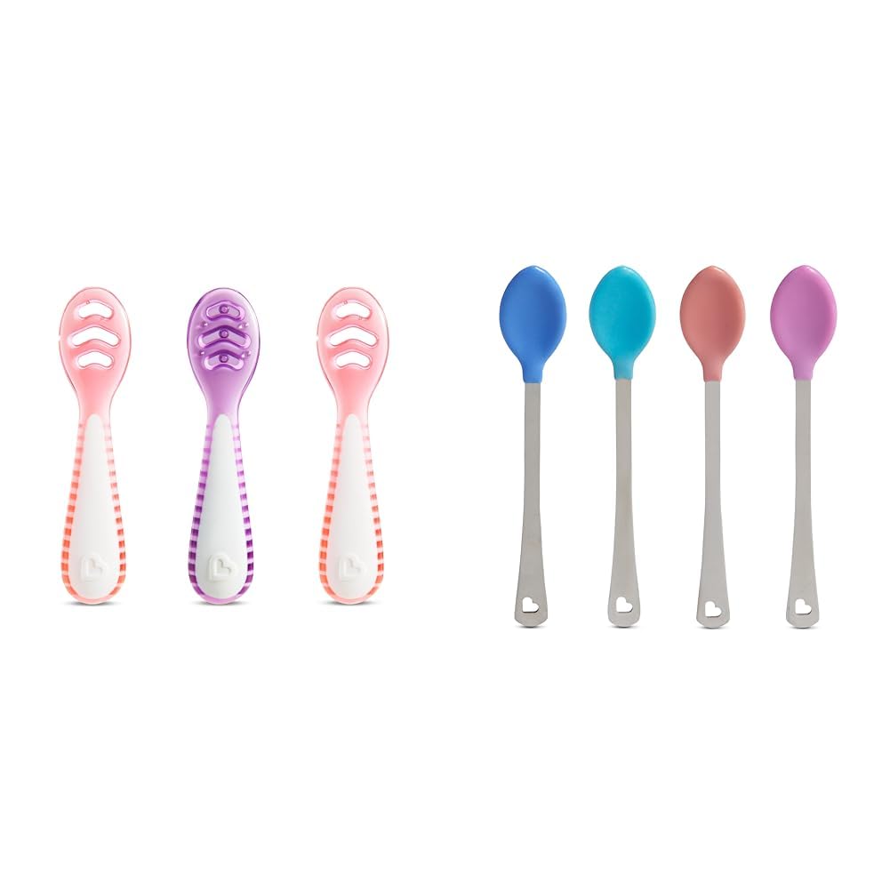 Munchkin Gentle Dip Multistage First Spoon Set for Baby Led Weaning, 3 Pack and Munchkin White Hot Safety Baby Spoons, 4 Pack, Coral/Purple