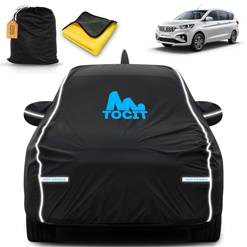 Image of Tocit Ertiga VXI 2021 Waterproof Long Life Car Cover with Safety Glow Reflective Strap, Premium Stretchable Velvet Velour Fabric, Machine Washable, Tri-Stitch Custom Fit with Mirror & Antenna Pocket