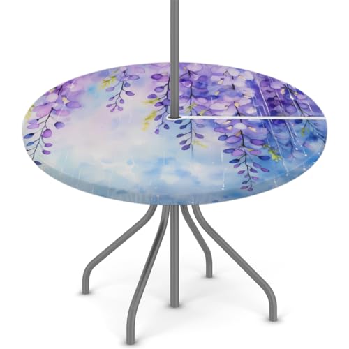 Round Outdoor Fitted Tablecloth with Umbrella Hole, Purple Flower Elastic Table Cloth Abstract Floral Waterproof Table Cover with Zipper for Patio Picnic, 45