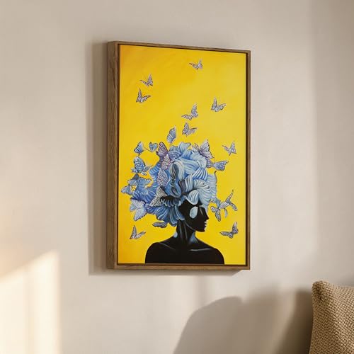 Image of Abstract Woman Portrait Framed Canvas Painting For Living Room | Butterfly Modern Floral Wall Art For Livingroom Wall Decor, Home Decor, Bedroom, Hallway's, Office, Hotel - 43x58 cm